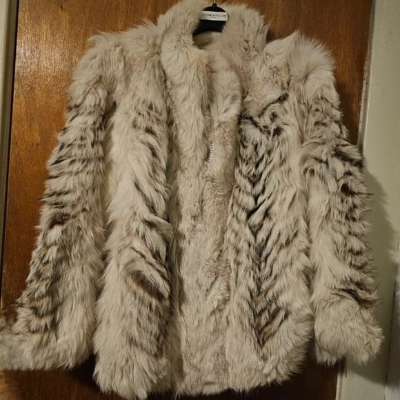 Saga Blue Fox with Black and Gold Chevron Tipped Detail Zippered Coat